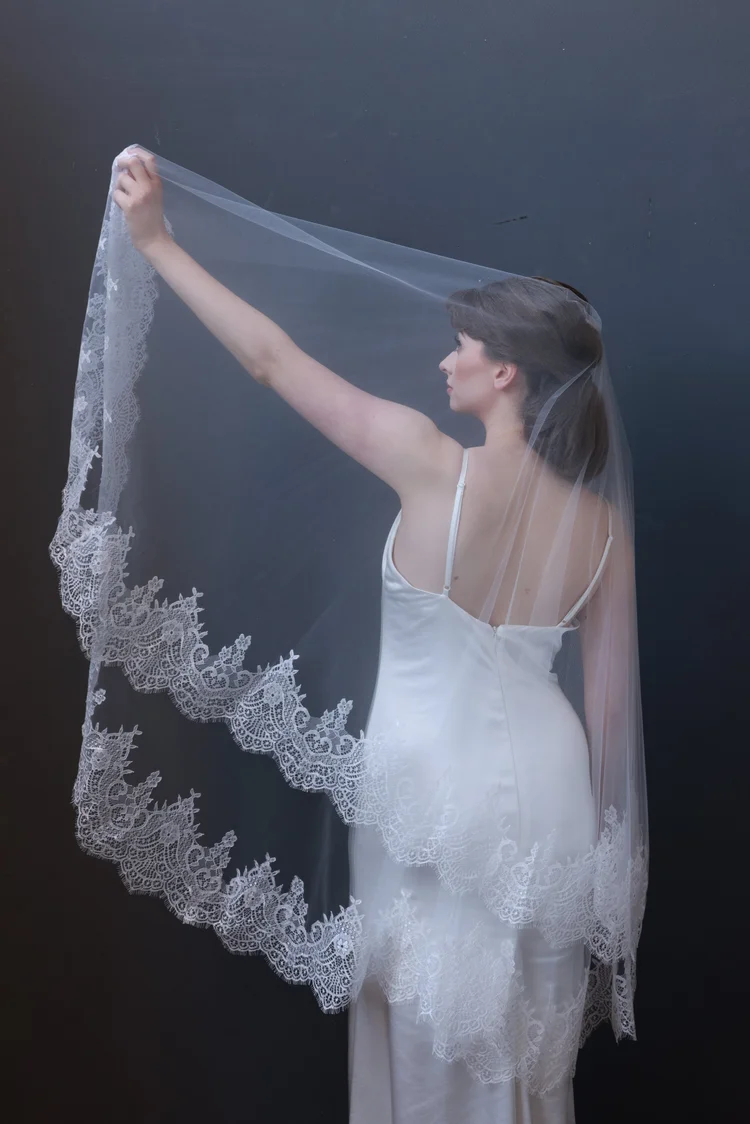French lace trimmed two tier fold over Whisper bridal veil by